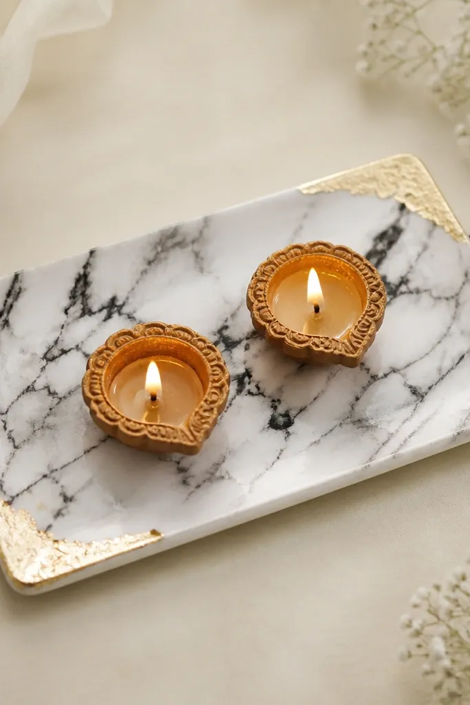 A white platter with black marble-like pattern holds two diyas. Gold leaf is applied at the corners of the platter, and a thin strip of black ribbon runs behind.