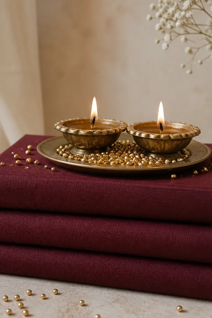 Three books are stacked and wrapped with a solid wine-colored cloth. On top sits a small round tray holding two diyas. Gold beads are sprinkled around the tray base.