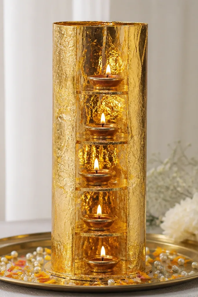 A tall cylinder wrapped in gold foil stands on a tray. Inside, there are stacked small tiers with mini diyas placed on each tier. The base has scattered pearls and tiny marigold petals.