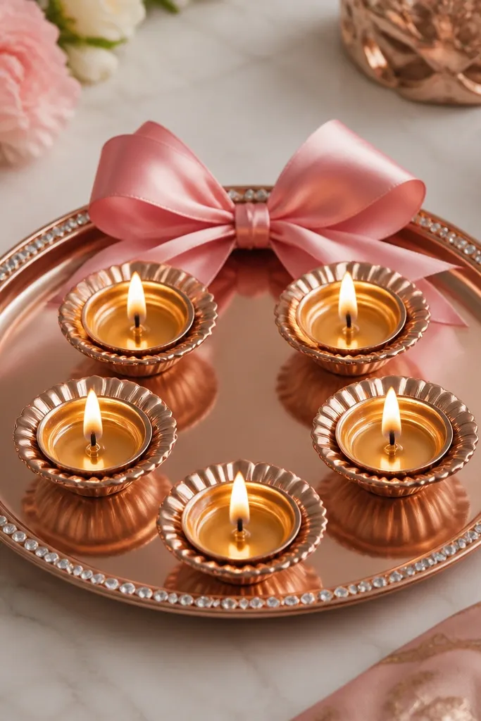 A rose-gold metallic tray holds five diyas in a star-like pattern. A pink satin ribbon bow sits at the back center. The tray edges have small rhinestone stickers.