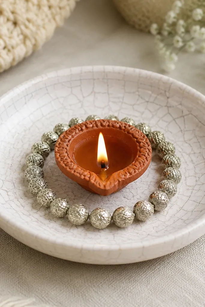 A shallow terracotta saucer is painted white with a crackle effect. One diya sits in the center, and a ring of tiny silver jute beads surrounds it.