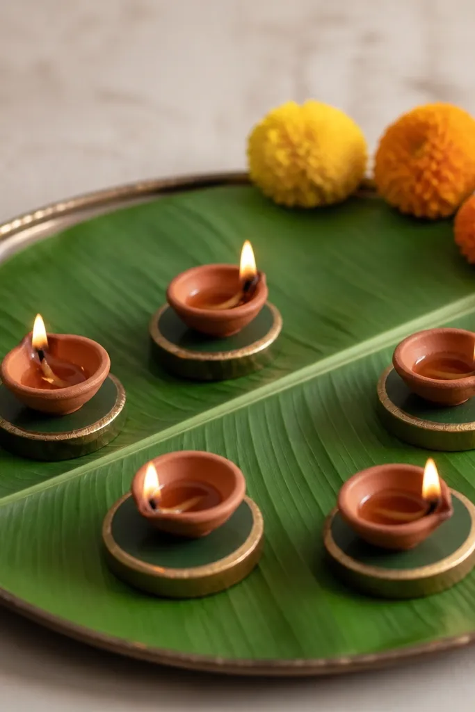 A banana leaf is laid flat on a tray. Diyas sit on small round holders with gold-painted rims. The leaf has a clean fold line and a few marigold flowers tucked at the back.