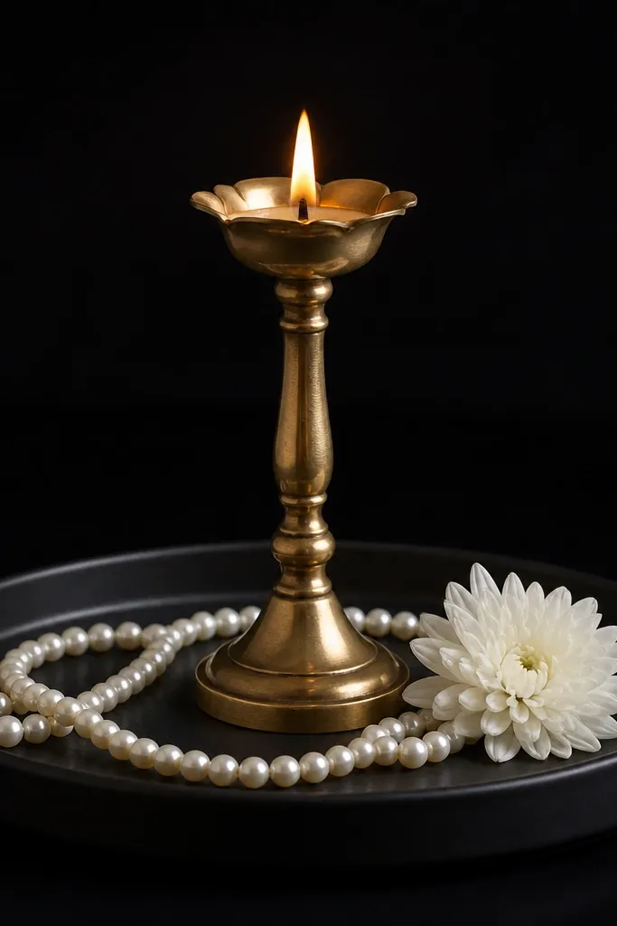 A matte black tray holds one tall diya. White pearl strands curve around the base, and a small white flower sits to one side. The background is plain black.