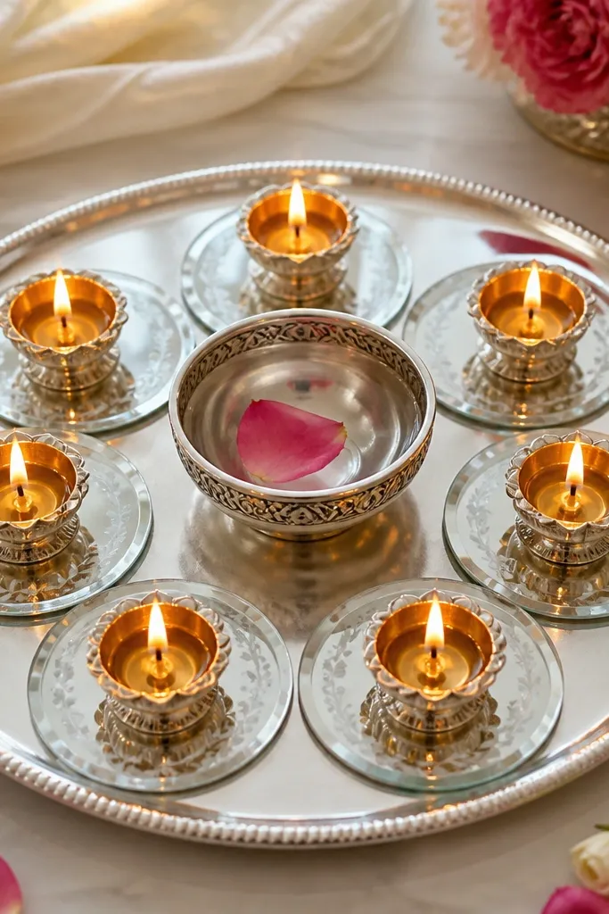 A silver tray holds a ring of small mirrored coasters. Seven mini diyas sit inside the ring, each in a tiny holder. The center has a small silver bowl with water and a rose petal.