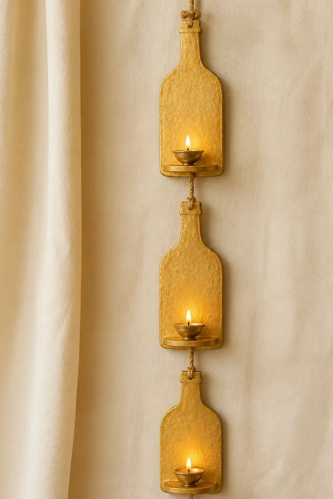 A vertical arrangement of three bottle-shaped cutouts painted gold. Mini diyas hang on small holders attached to a string. The background is a plain cream cloth.