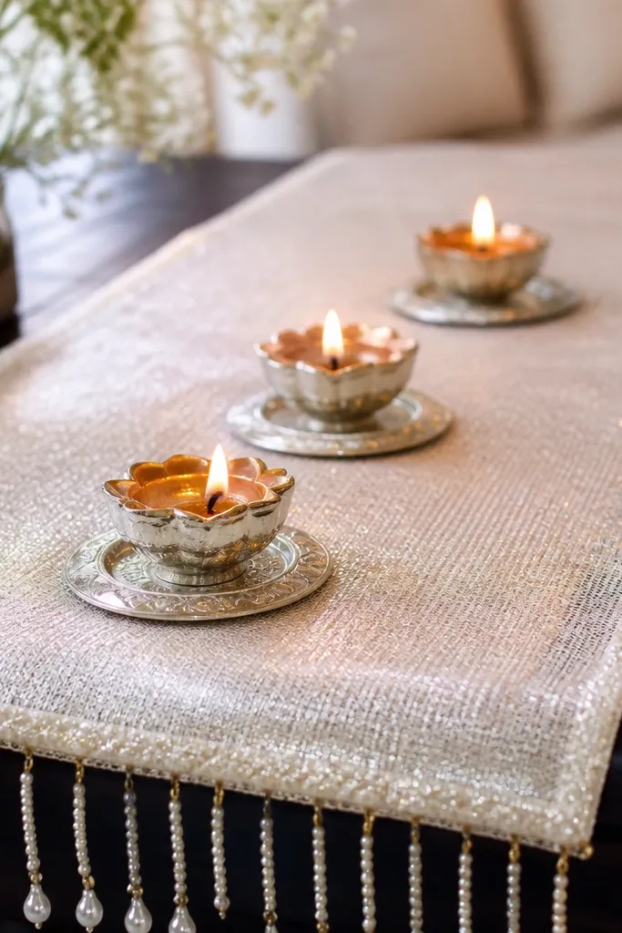 A pearly mesh fabric runner covers the center of a table. Three diyas sit on small silver bases in a straight line. Tiny pearl bead strands hang from the runner edge.