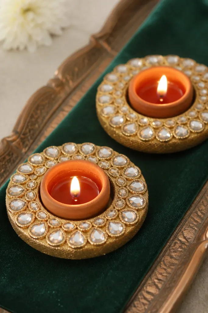 A deep emerald velvet strip is laid on a tray. Two diyas sit inside holders made from foam rings covered with golden felt and faux kundan stones. The stones catch light around the flames.