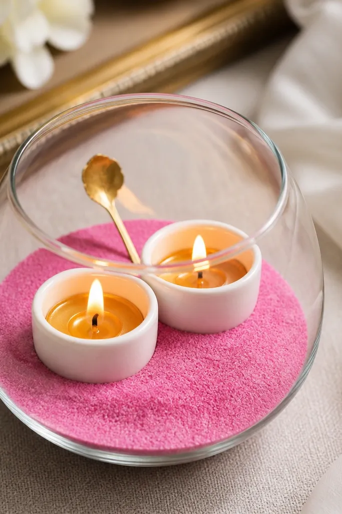 Small white cups hold tealight-sized diyas. Pink sand fills around them like a mini terrarium. A tiny gold spoon-like decoration rests at the back.