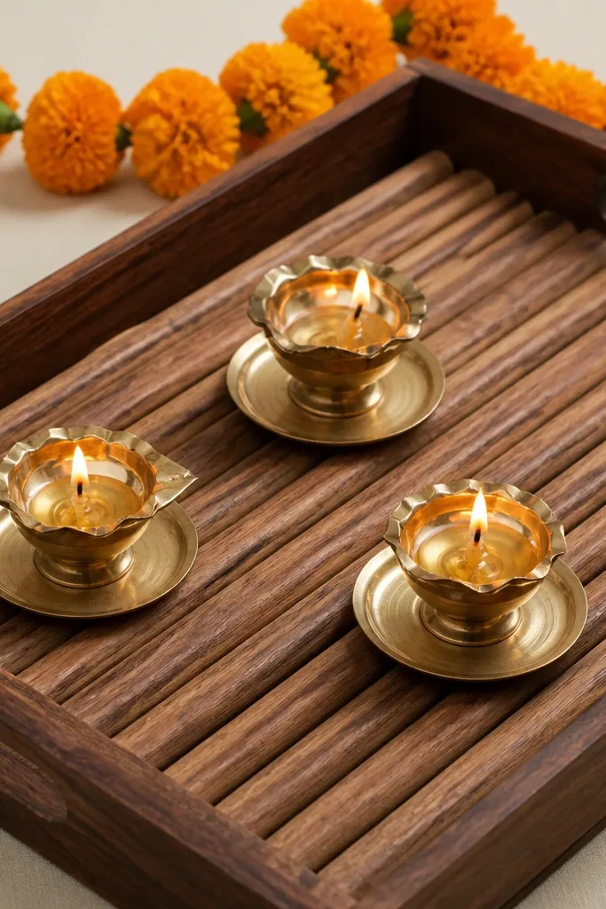 A wooden tray is lined with sandalwood sticks arranged in a neat grid. Three diyas sit on small metal holders on top. A thin marigold garland drapes behind.