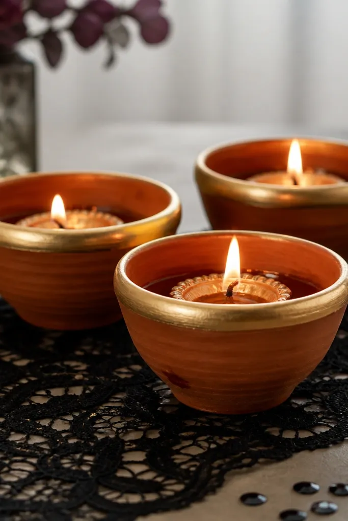 A black lace runner covers part of a table. Three terracotta cups have gold-painted rims. Diyas sit inside each cup, and a few black sequins are scattered near the front.