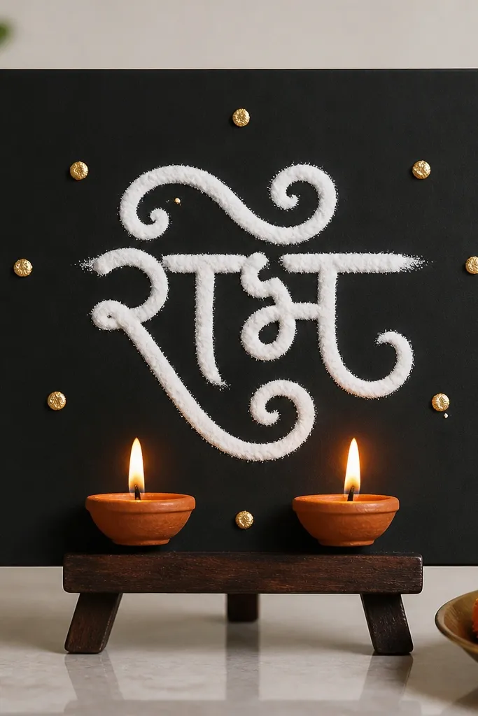 A small matte black board sits on a stand. White rangoli powder letters form a simple word, with two diyas placed beneath. Gold foil dots surround the letters.