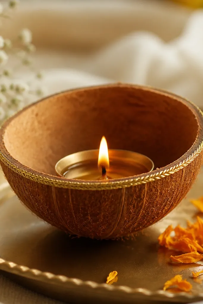 A coconut shell half sits on a tray. A mini diya is placed inside the shell. Gold thread is wrapped around the shell rim, and a few marigold petals sit beside it.