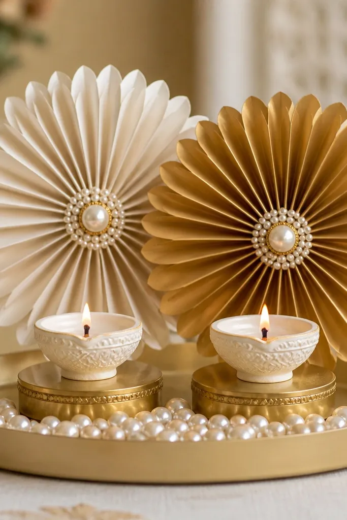 Two rosette paper flowers in pearl white and gold stand behind two diyas on a tray. The diyas sit on small golden stands. Loose pearls fill the front edge of the tray.