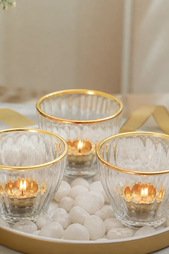 Transparent glass cups have gold paint rims. Inside each cup is a diya. White stones fill around the cups on a tray, and a thin gold ribbon runs behind.