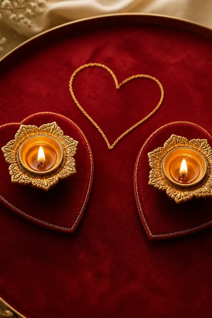 A tray is covered with red velvet. Two small red velvet coasters are placed in a heart-like spacing with two diyas on top. Gold string forms a tiny heart outline in the background.