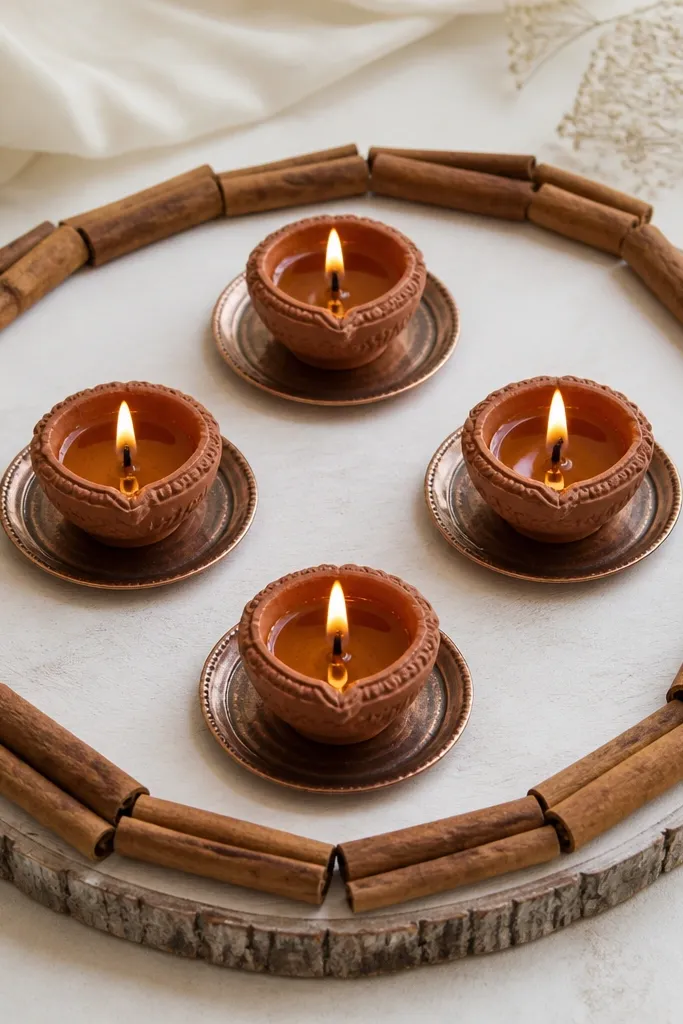 A white-painted wood slice serves as the base. Cinnamon sticks are arranged in a circle border. Four diyas sit inside the circle, each on a small metal saucer.
