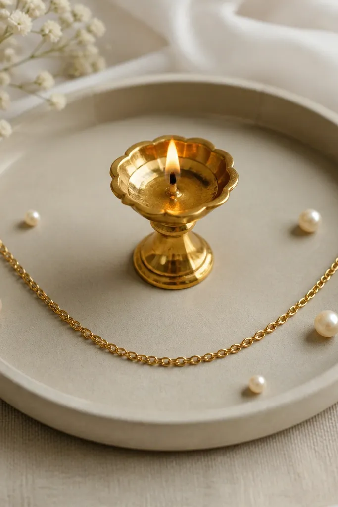 A small gold chain drapes in a U-shape across a tray. One diya sits in the center on a small gold stand. The tray has a plain neutral base with a few faux pearls.