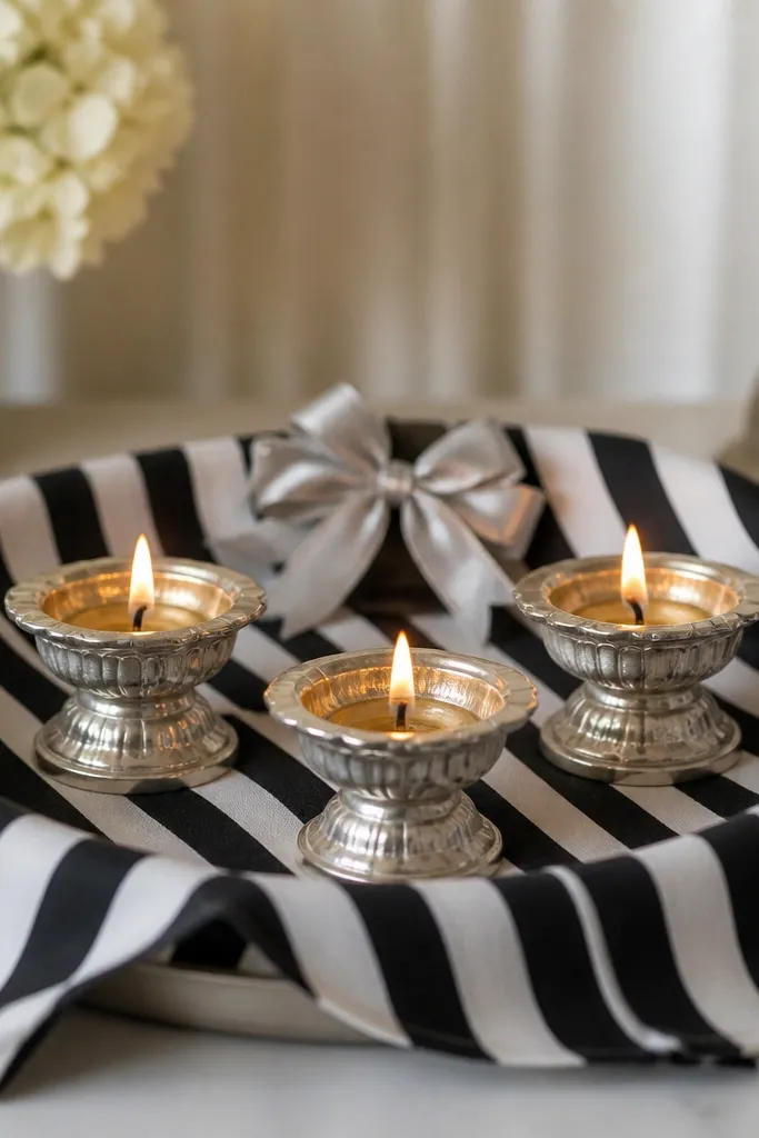 A black-and-white striped cloth covers a tray. Three silver candle holders hold diyas. A small silver ribbon bow is placed at the back center.