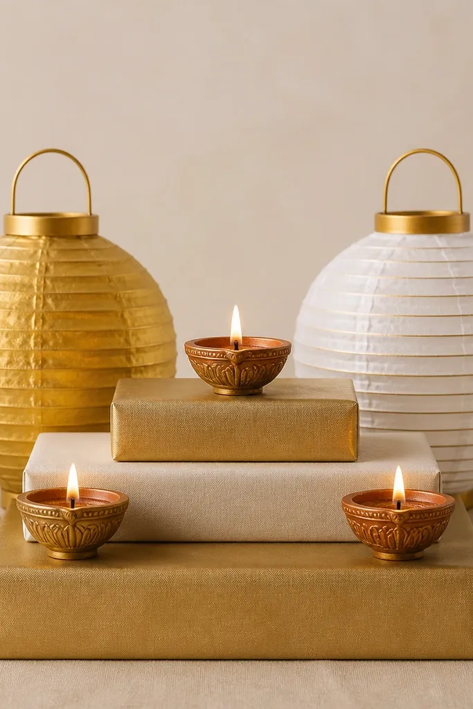 Two mini paper lanterns in gold and white stand behind a stepped base made from stacked wrapped boxes. Three diyas sit on the steps, with the highest diya in the center.