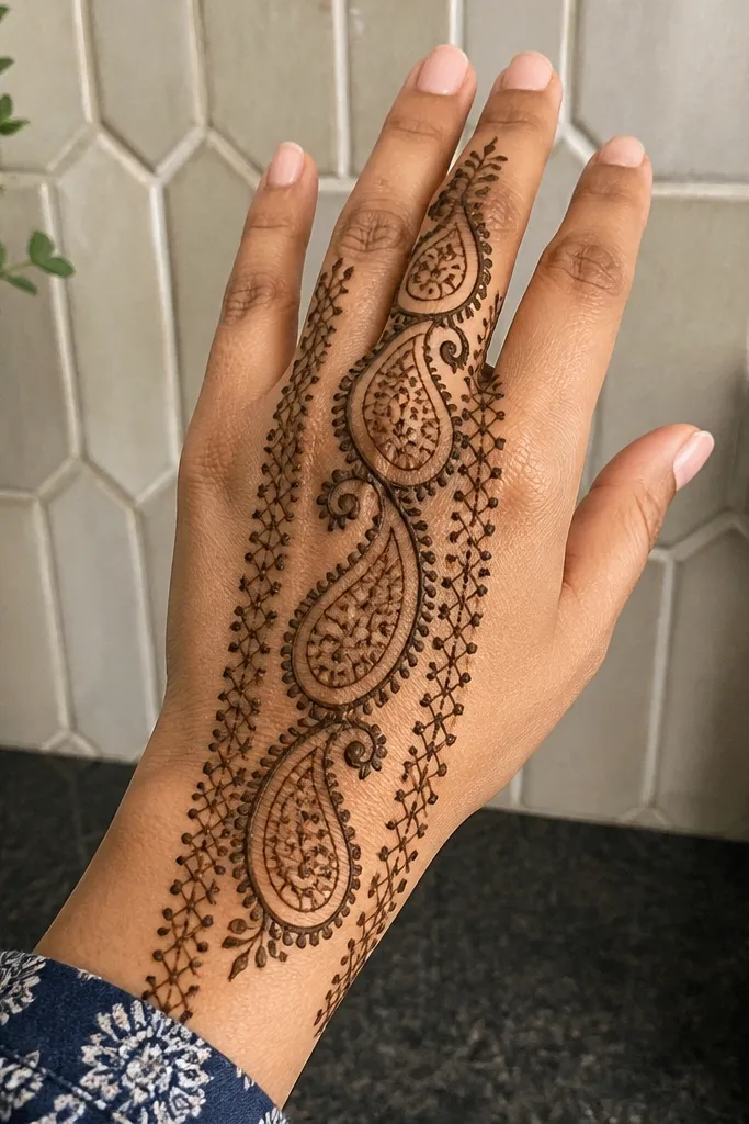 Paisley in the center of the back hand with thin lattice lines on both sides