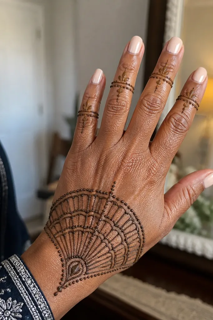 Fan medallion near the wrist with small rings at finger bases