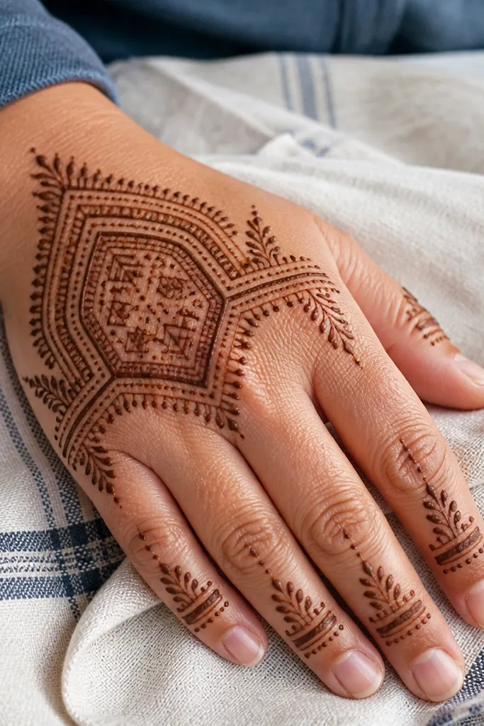 Geometric arch on the back hand with micro dots along the border