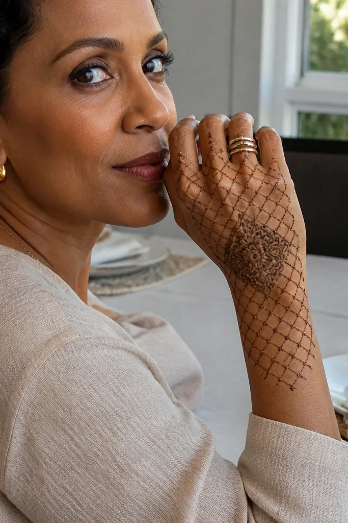 Lace grid pattern across back hand with a central knot motif