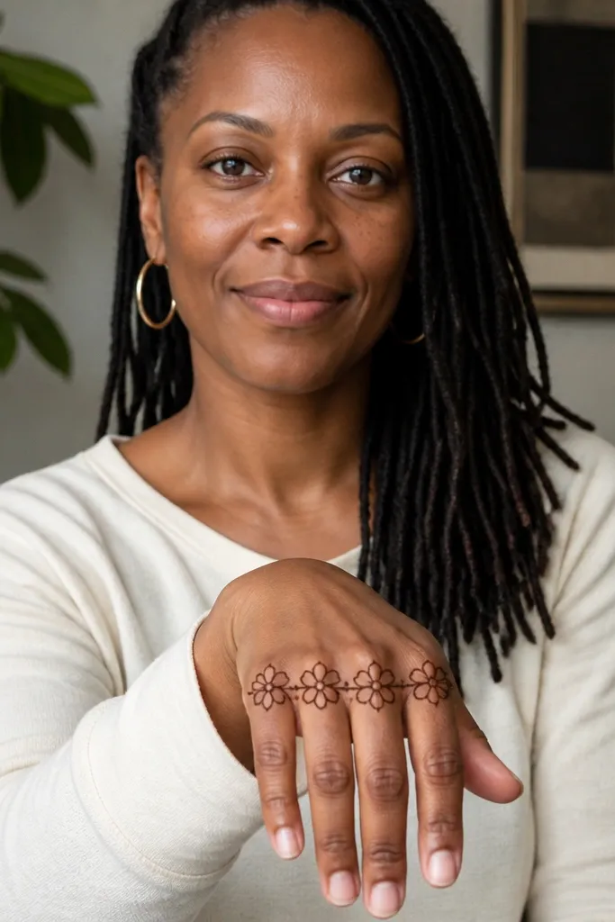 Blossom cluster across knuckles with minimal lines on fingers