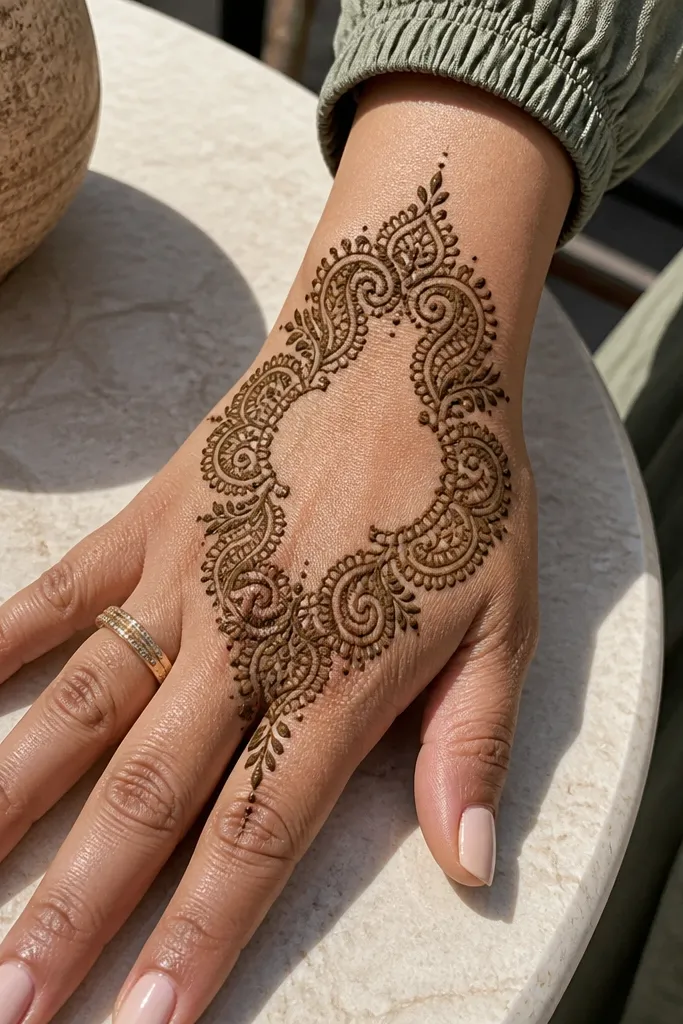 Paisley frame around an open center panel on the back hand