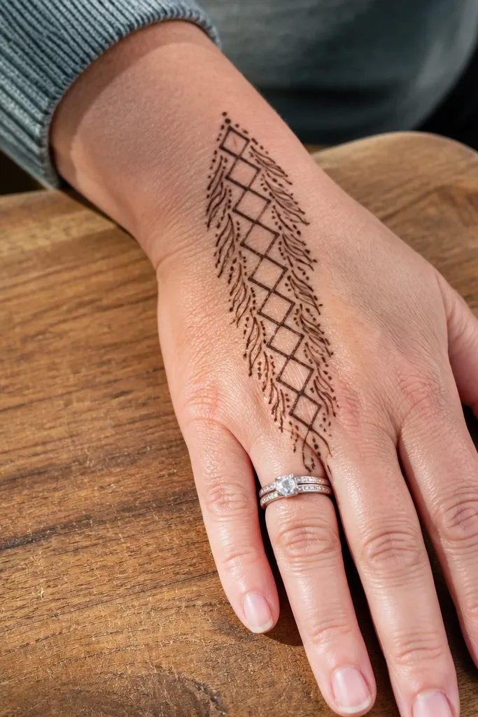 Diamond ladder pattern on back hand with small feather tips at sides