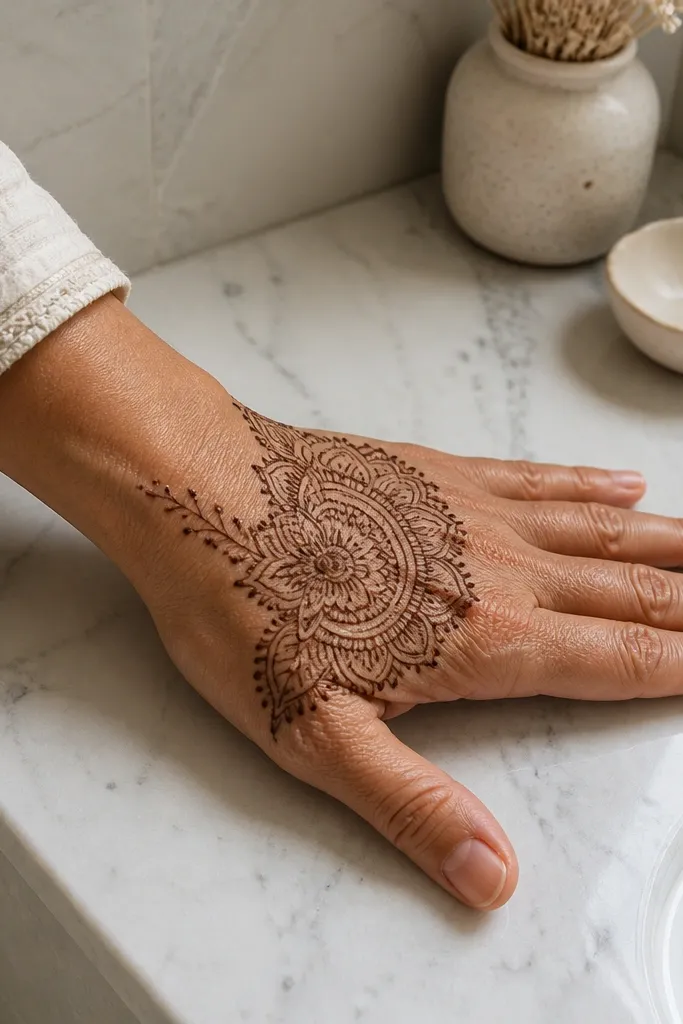 Corner mandala on back hand with micro vein lines on the sides