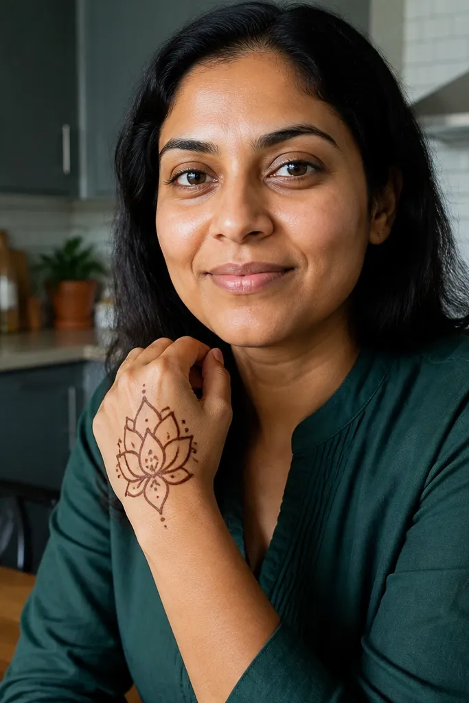 Half-flower geometric motif with negative space petals on back hand