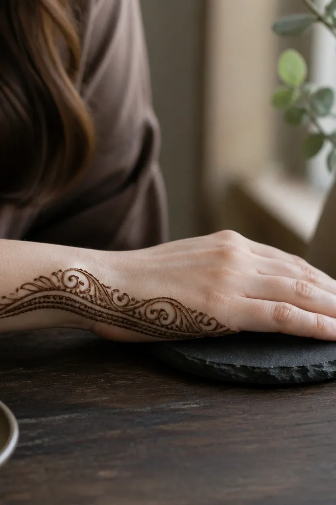 Side scroll bracelet on back hand with three rows of bead dots