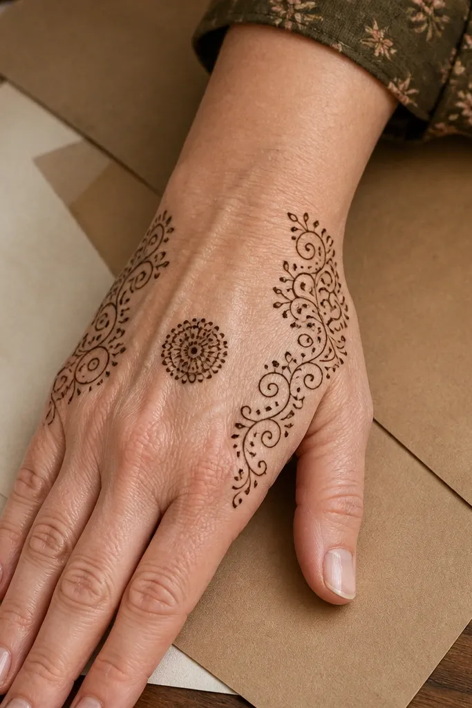 Half panel of scrolls with a central dot rosette on back hand