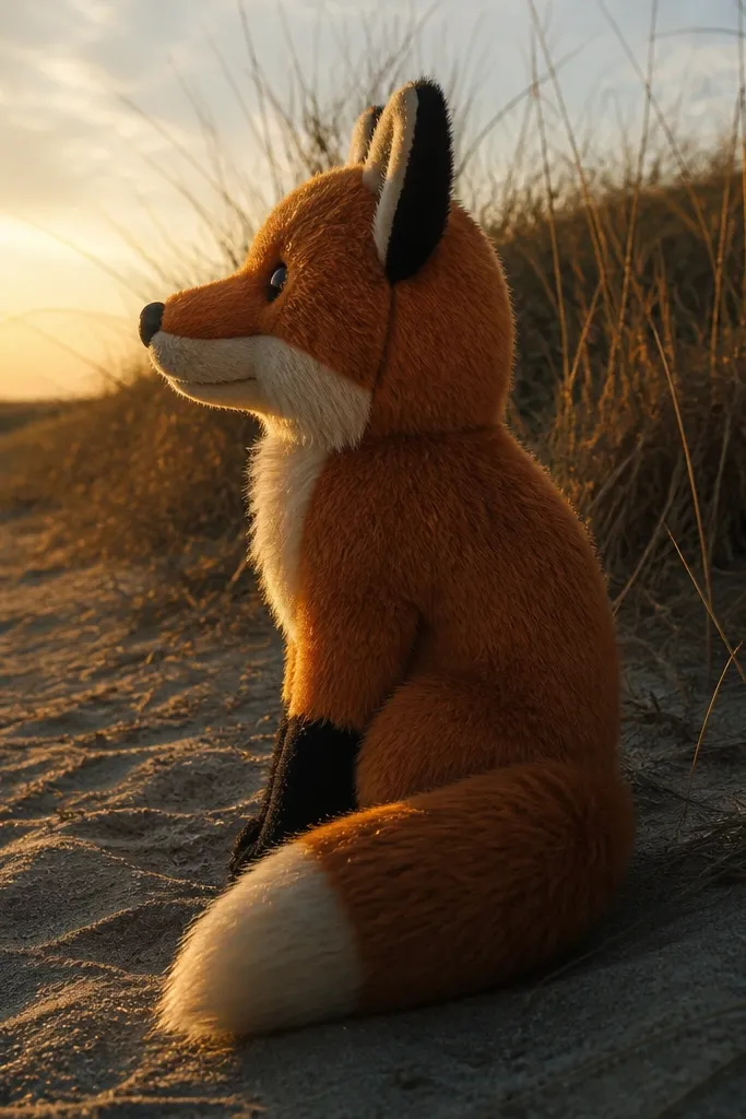 Fox sitting with side light making a long shadow under the body