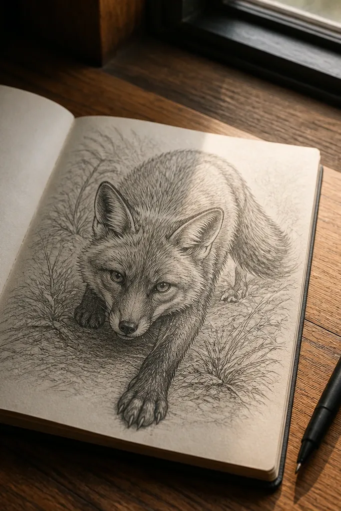 Fox crouched low with one paw reaching forward and ears forward