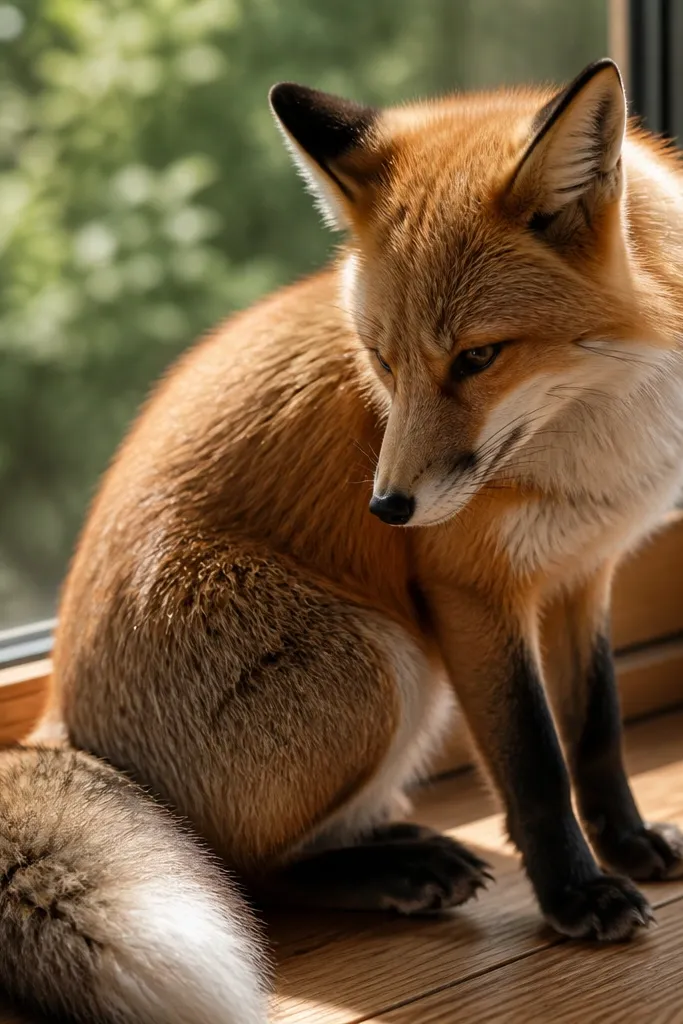 Fox looking downward with neck fur curving toward the chest