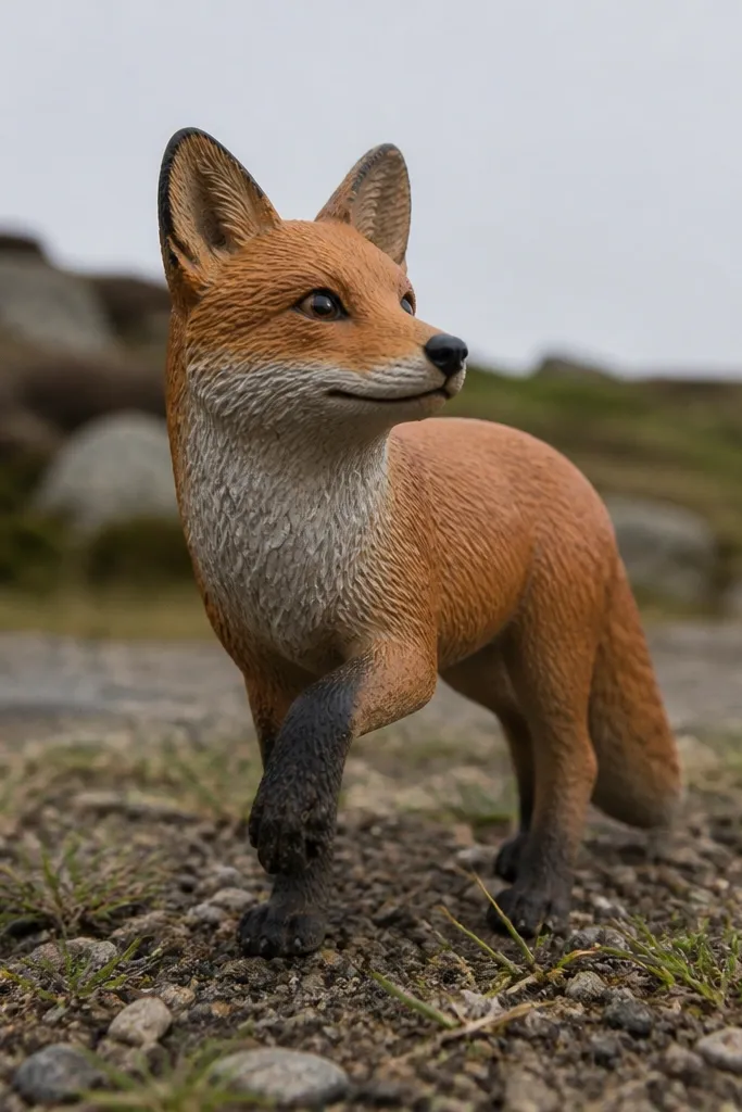 Fox lifting one paw while standing on textured ground