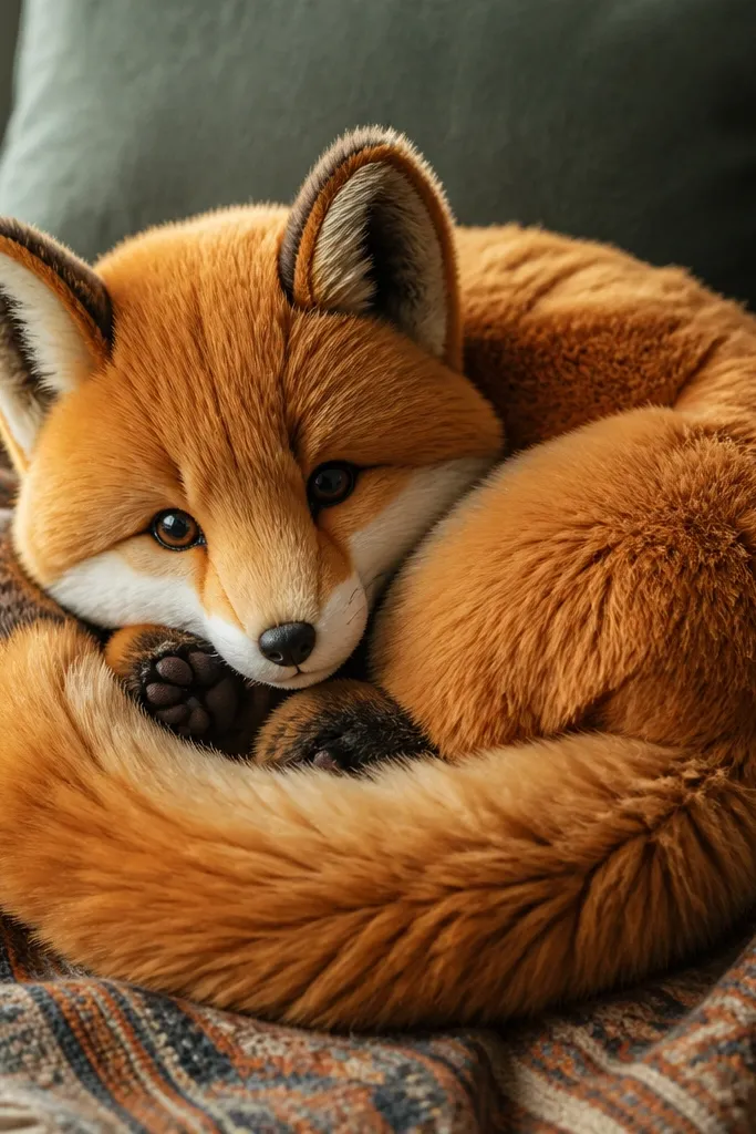 Fox curled like a loaf with symmetrical fur mass and closed posture