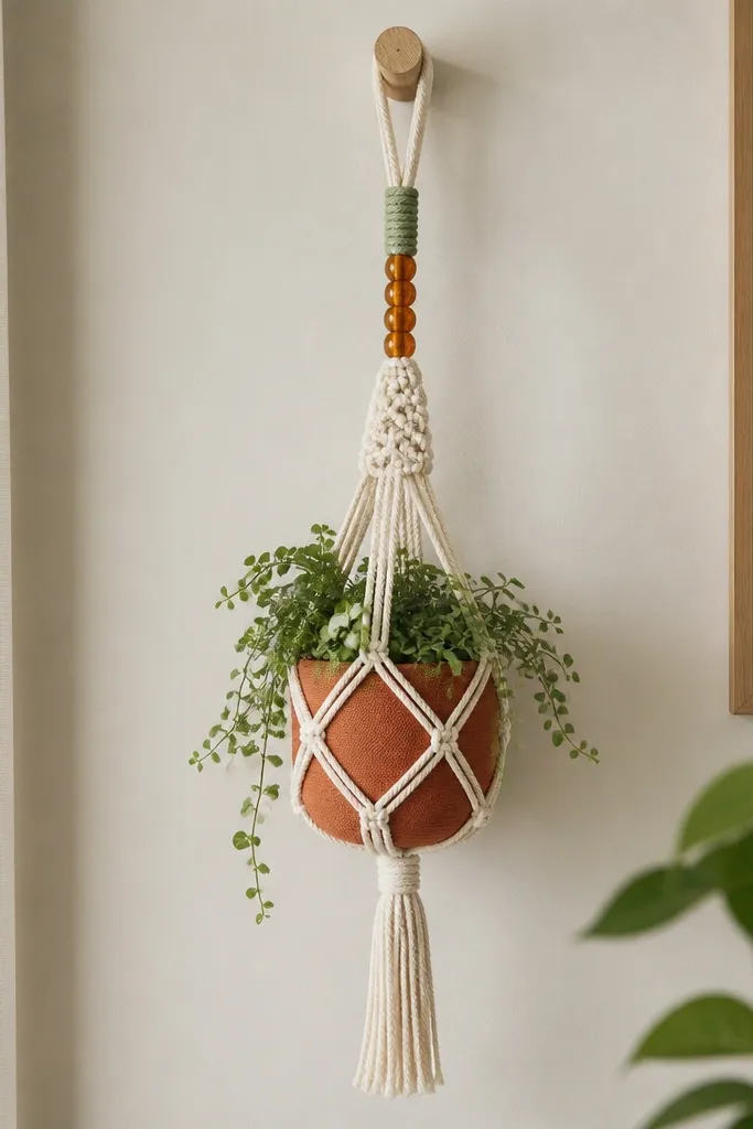 A small indoor plant hanging on a wall hook. The plant pot is wrapped in terracotta fabric, the macramé cord is natural cotton with two knots bands, and a short loop of sage-green cord ends in a single row of amber glass beads. Soft daylight shows clean, symmetrical knots and a tidy fringe.