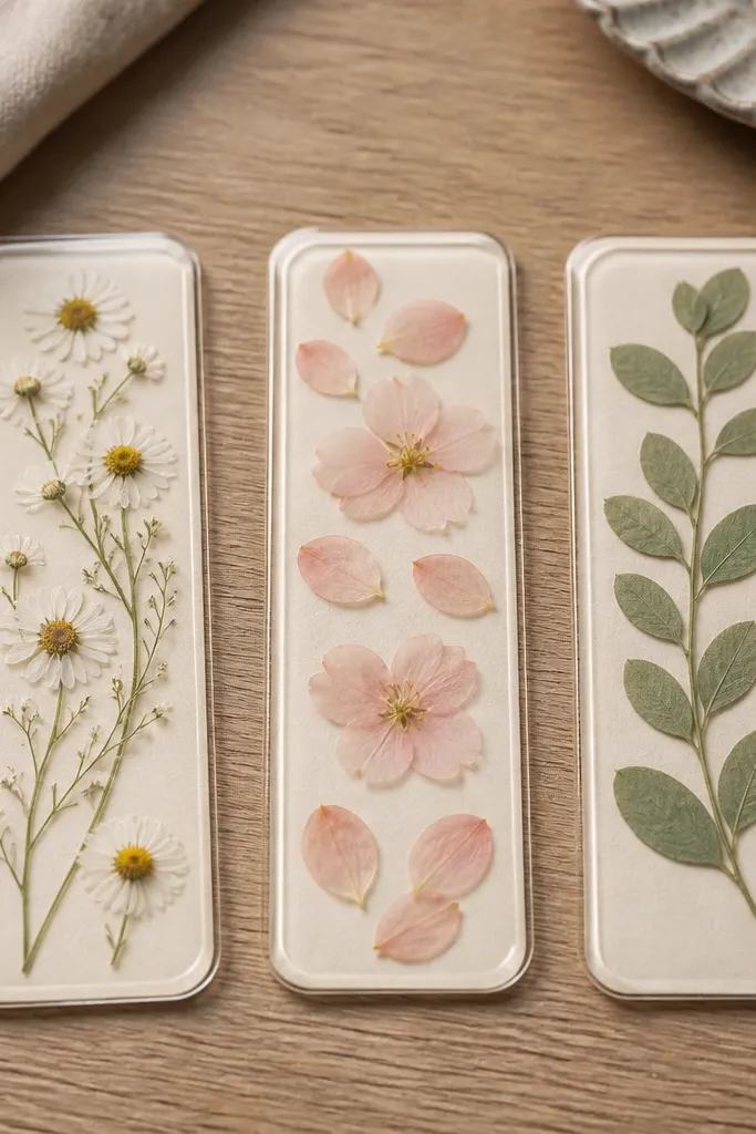 Three bookmarks laid on a wooden desk. Each one has a clear glossy gel frame holding flat pressed flowers: one with tiny white daisies, one with pale pink petals, and one with sage-green leaves. The backgrounds are soft cream cardstock, and the edges are neatly trimmed with rounded corners.