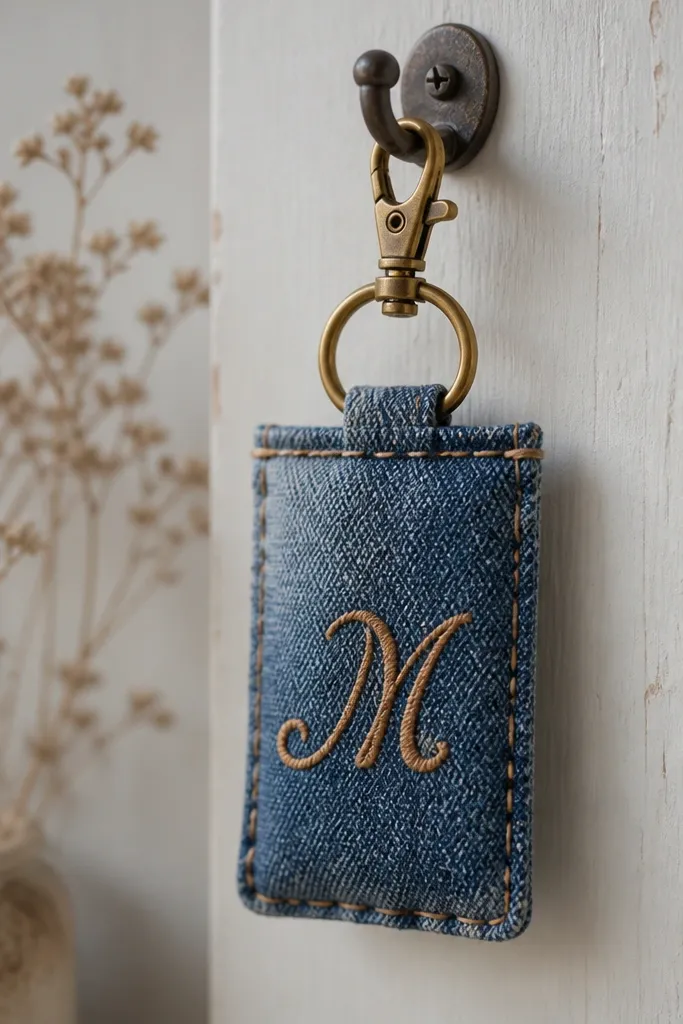 A keychain hanging from a hook. It's made from faded blue denim folded into a small rectangle, with a stitched monogram in warm tan thread. A shiny brass D-ring and small lobster clasp attach to the back, and the edges have visible hand stitching and a neat top seam.