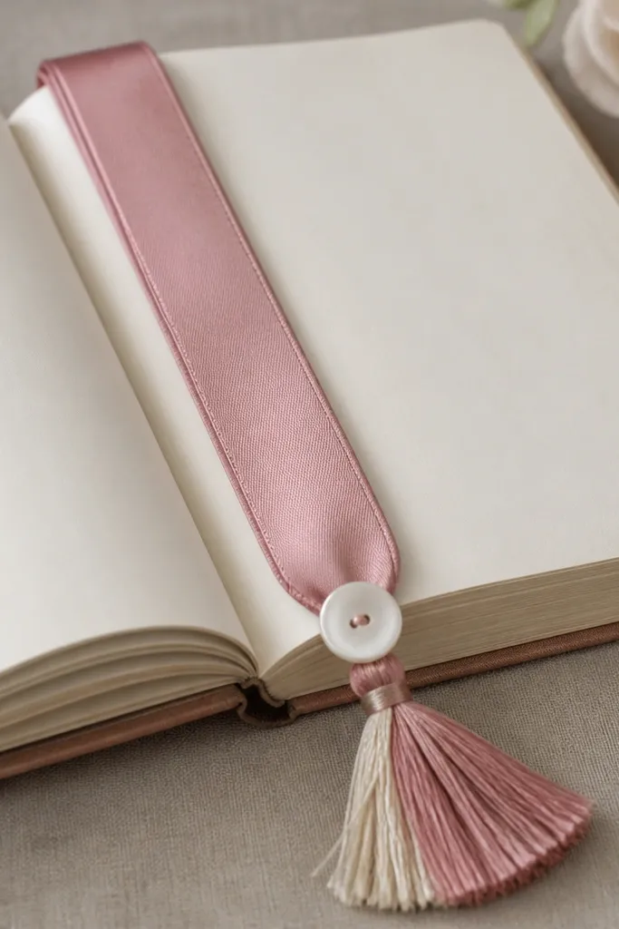 A satin ribbon bookmark resting on an open book. The ribbon is dusty rose, with a neat vertical fold at the top. A small fabric tassel in rose and cream sits at the end, and a single mother-of-pearl button is centered near the knot.