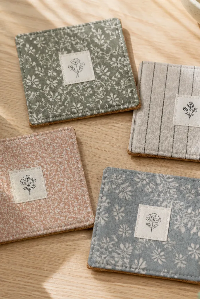 A set of four coasters on a light wood table. Each coaster is made from patterned cotton fabric in muted tones, backed with cork. A small heat-transfer label sits in the center: a tiny line drawing in black ink style. The edges are top-stitched, and the cork underside is visible at the corners.