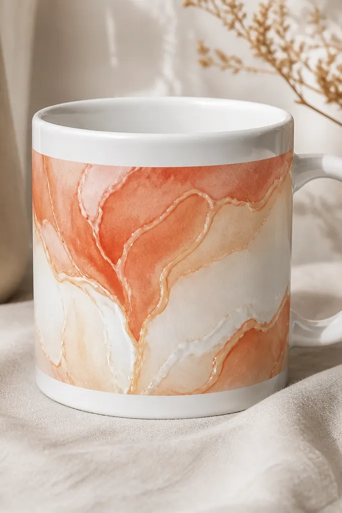 A plain white mug wrapped with a thin acrylic paint design on a strip of paper or fabric around it. The pattern looks like watercolor blooms in peach, cream, and soft terracotta. The wrap sits snug at the base handle area, and the paint has a glossy, drip-like finish.