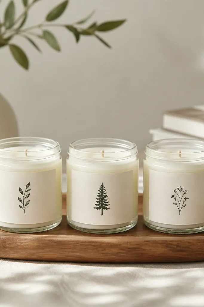 A set of three small soy candles in clear glass jars. Each jar has a cream paper label with hand-lettering in black ink, plus a tiny icon in deep green. The labels are centered, edges are straight, and the wicks are trimmed. The wax surface looks smooth and level.