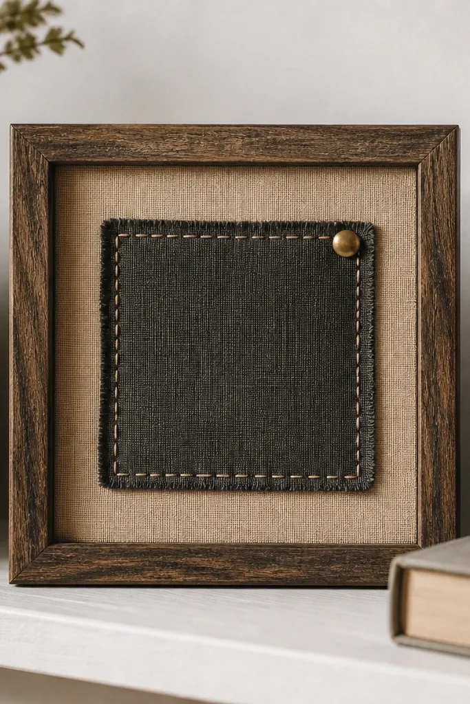 A small square frame on a shelf. Inside is a linen mat in warm beige, with a fabric patch quote stitched onto a darker charcoal fabric. A single brass thumbtack holds a corner of the patch, and the stitching is visible and neat.