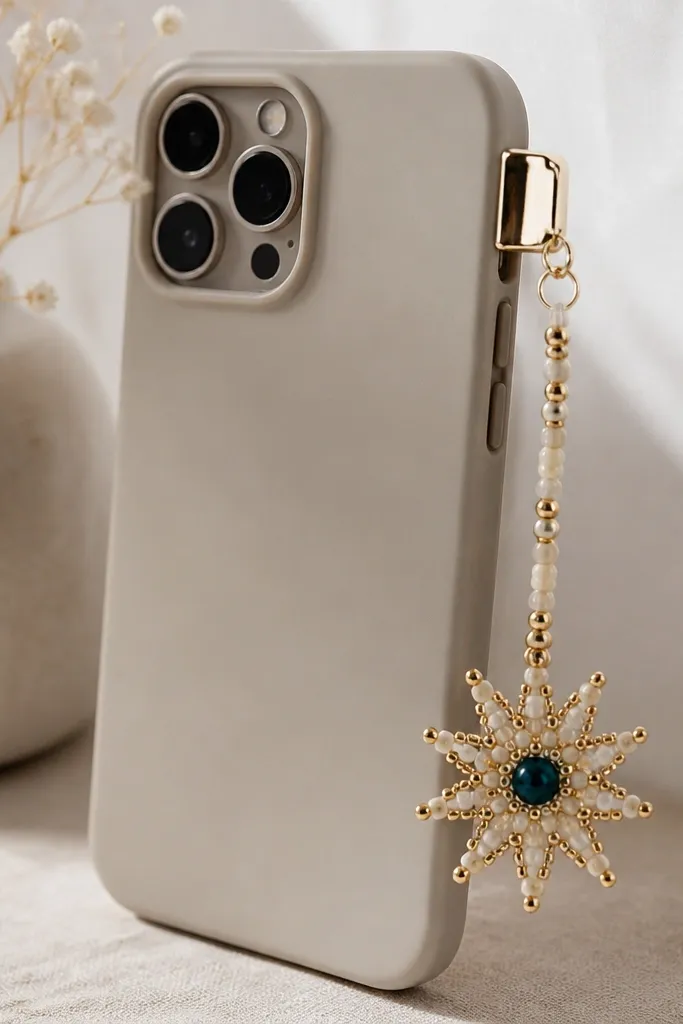 A phone case with a dangling beaded charm. The charm has a starburst shape made from small seed beads in cream and gold, with a single deep teal bead at the center. It attaches via a flat back clip, and the beads catch light with a subtle shimmer.