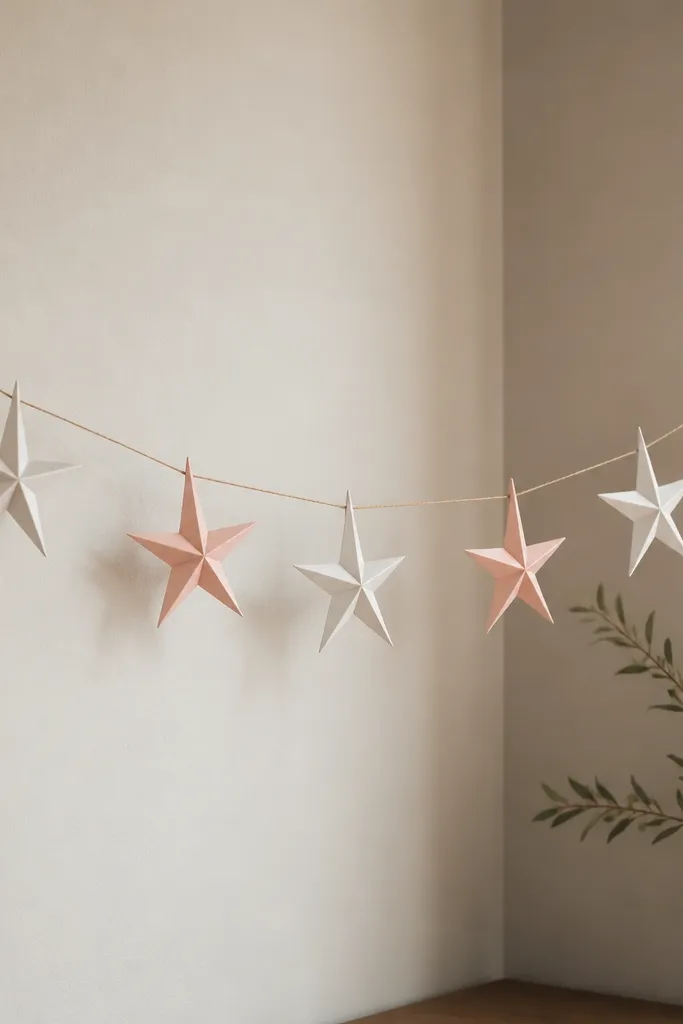A paper garland hanging across a corner wall. The garland is made of folded stars with sharp points, alternating between matte white and soft blush paper. The stars are evenly spaced with thin twine, and the points cast tiny shadows on the wall.