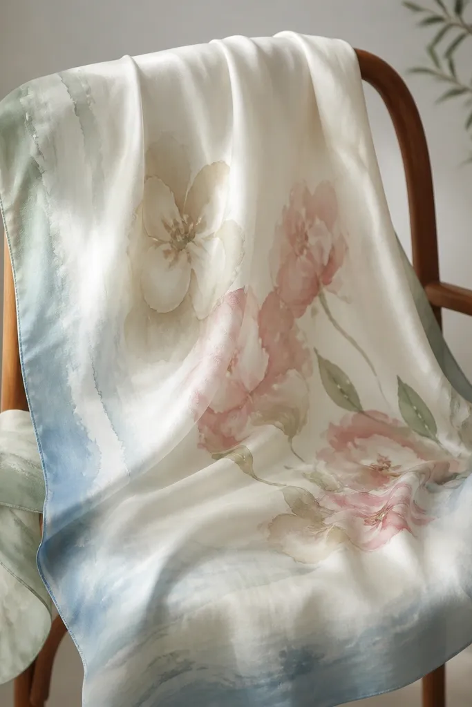 A lightweight silk scarf draped over a chair. The center is creamy white with faint watercolor blooms, while the edges fade into a soft sage-to-sky gradient. The dye looks like it was dipped at the border, and the silk has a gentle sheen with visible brush strokes.